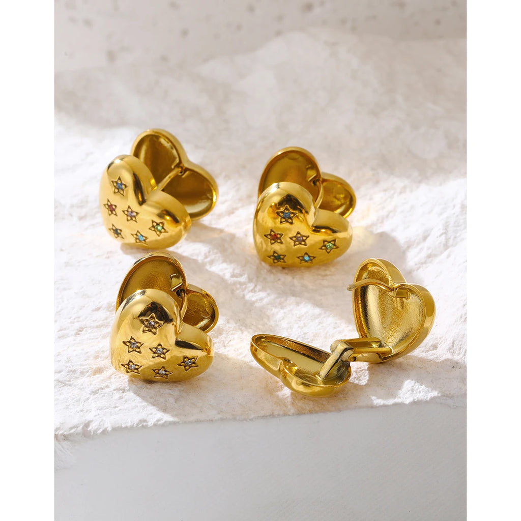 Heart Star Crystal Ear Buckle Earrings — 316L Stainless Steel · PS392