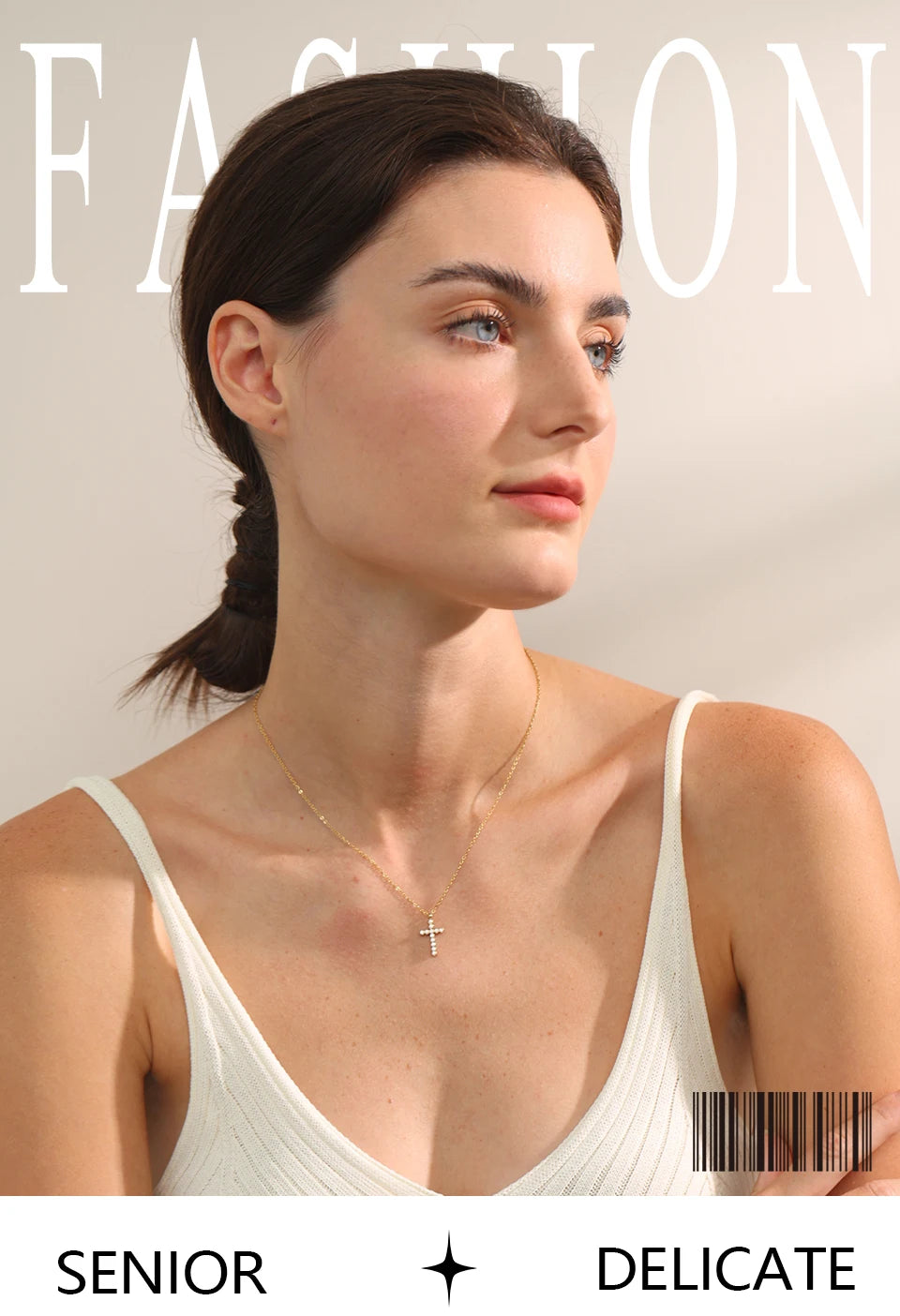 Cubic zirconia cross necklace in gold-plated 316L stainless steel with cubic zirconia.