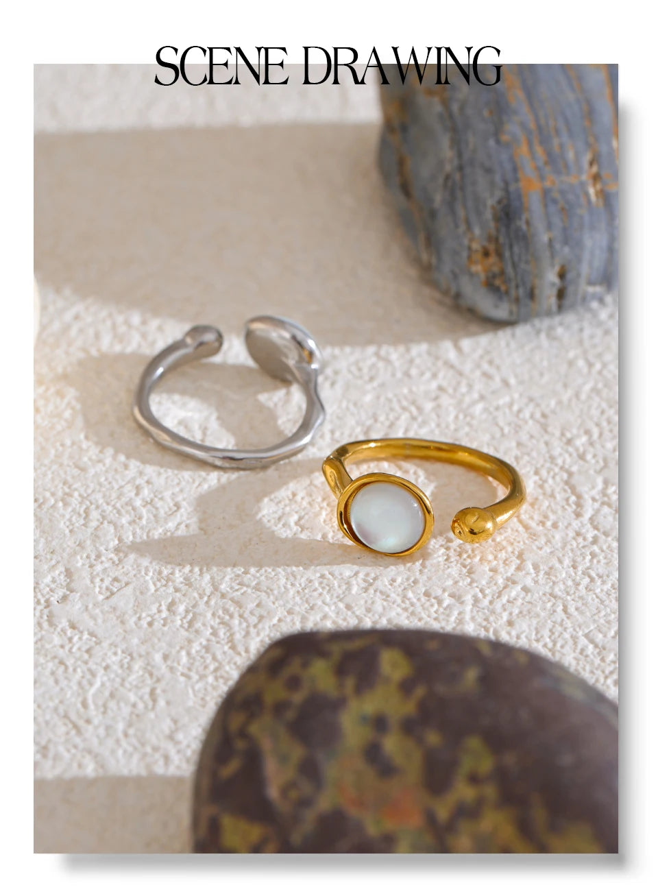 Shell geometric ring in 18K gold-plated stainless steel with shell.