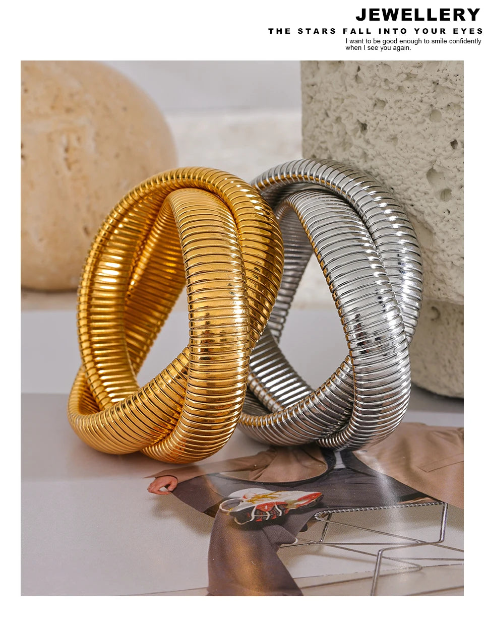 Geometric bracelet in gold-plated 316L stainless steel.