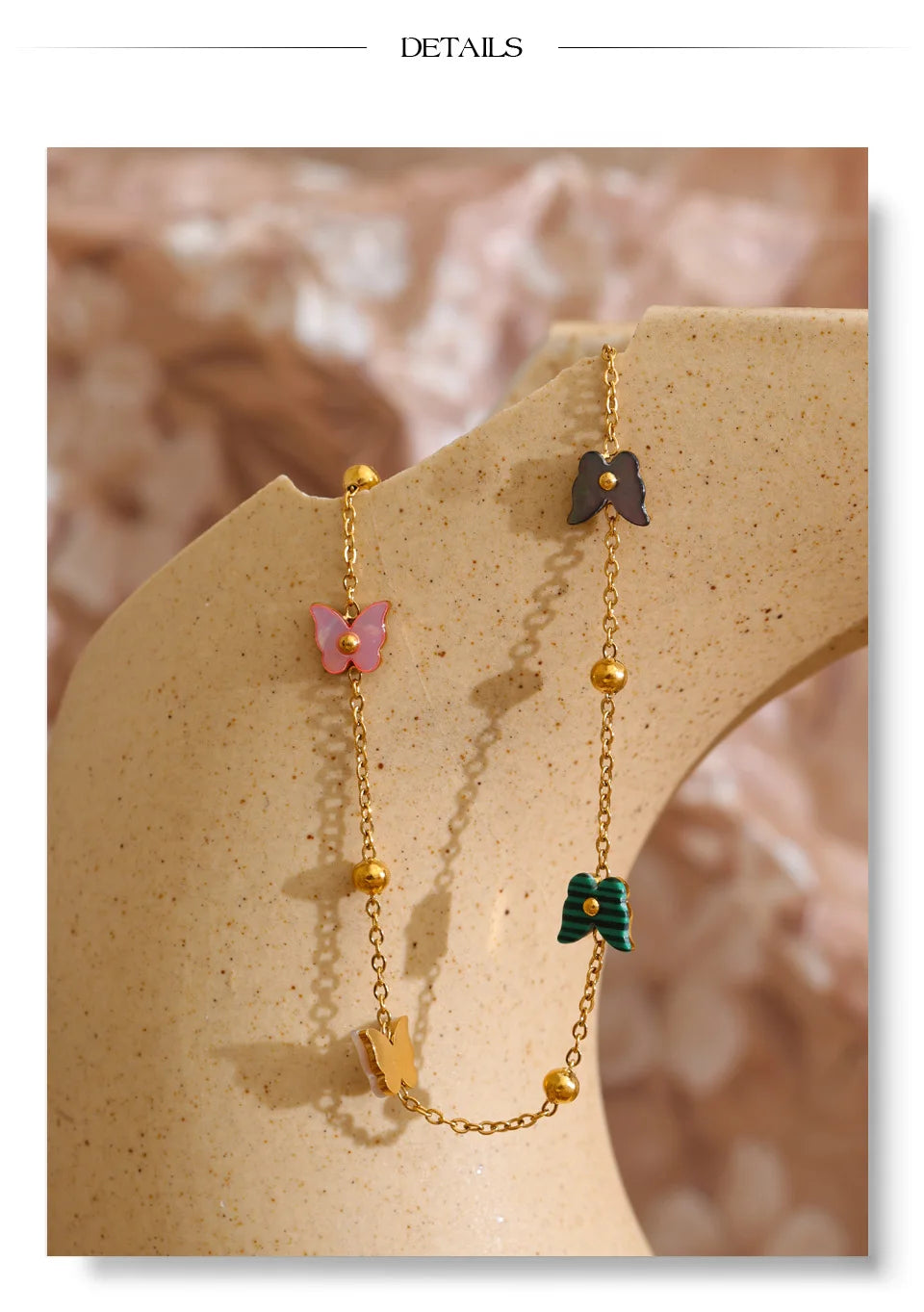Shell Natural Stone Butterfly Bracelet — Gold-Plated Stainless Steel with Natural Stone and Shell · PS1015