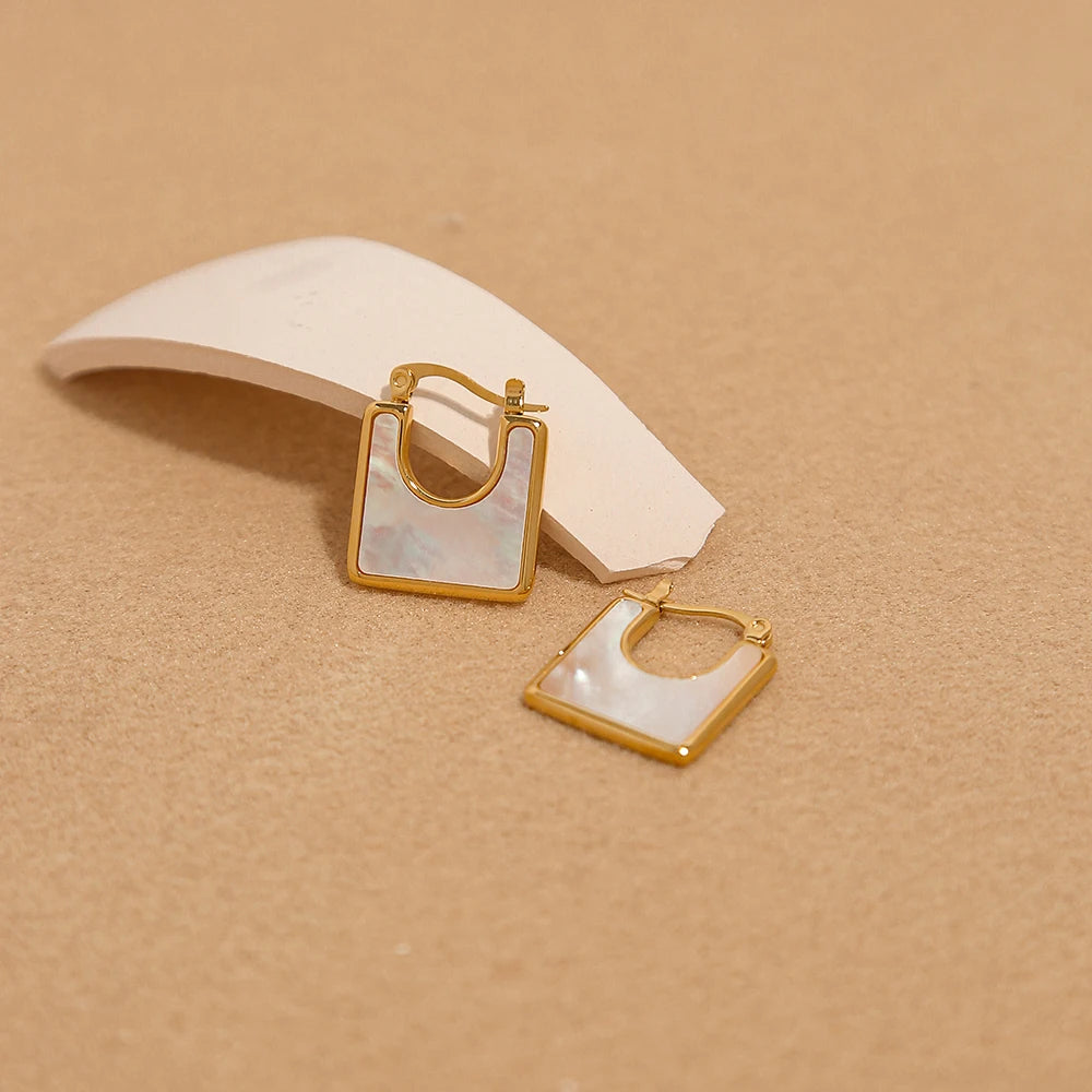Hoop Earrings Vintage Square Natural Stone — 316L Stainless Steel · PS399