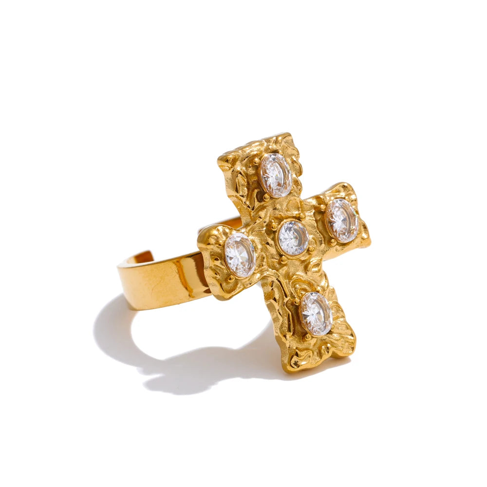 Cubic zirconia cross multi-color ring in 18K gold-plated stainless steel with cubic zirconia.