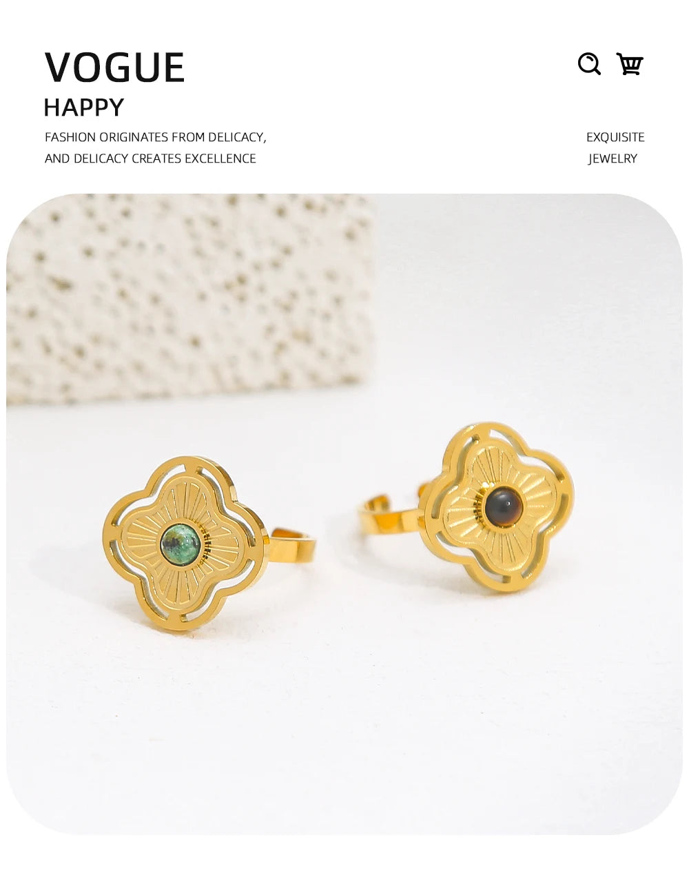 Ring Natural Stone Inlaid In Metal Texture Flowers — 316L Stainless Steel · PS461