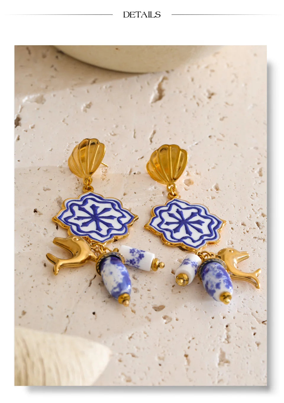 Blue shell enamel earrings in gold-plated stainless steel with shell and enamel.