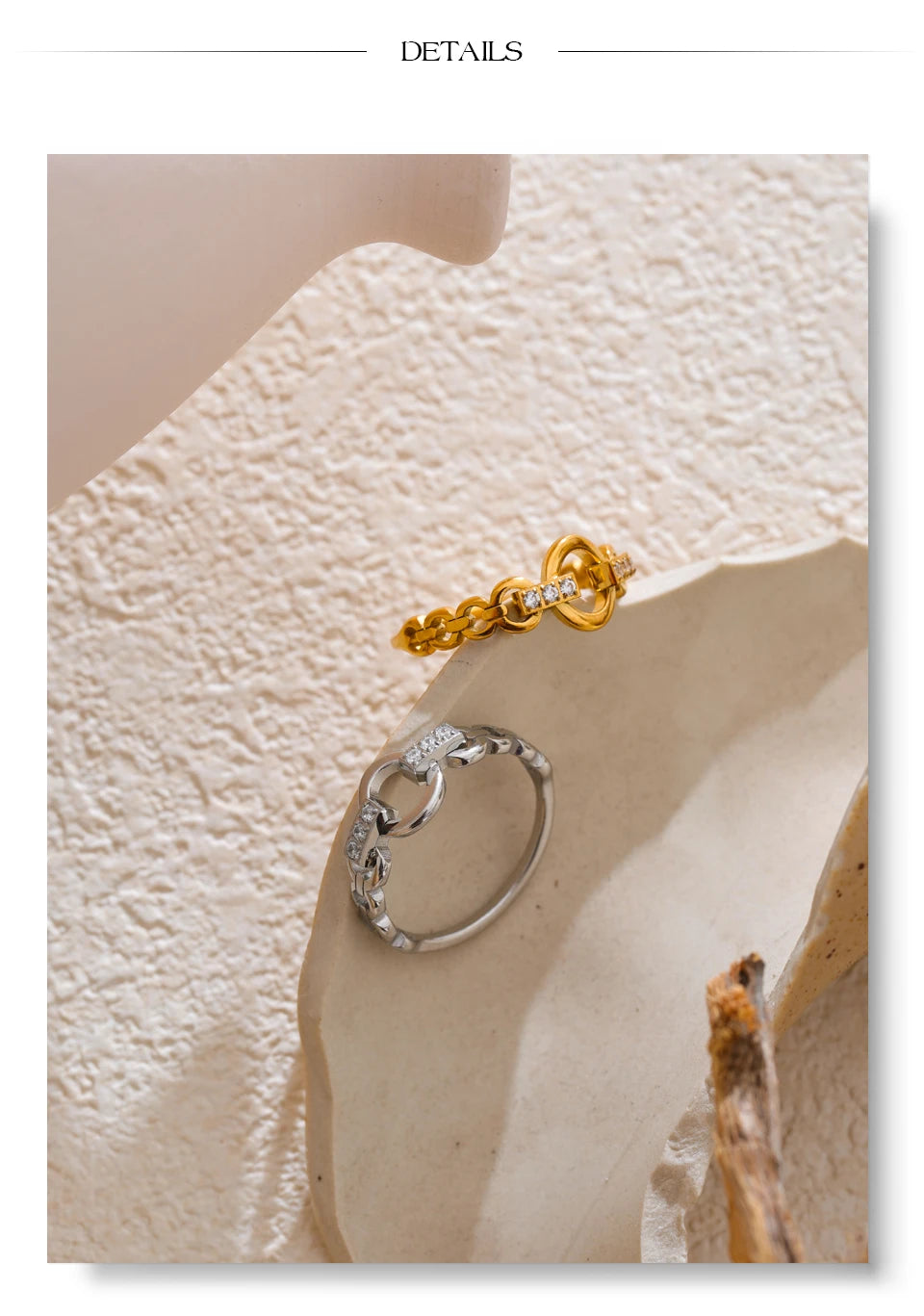 Cubic zirconia geometric ring in gold-plated stainless steel with cubic zirconia.