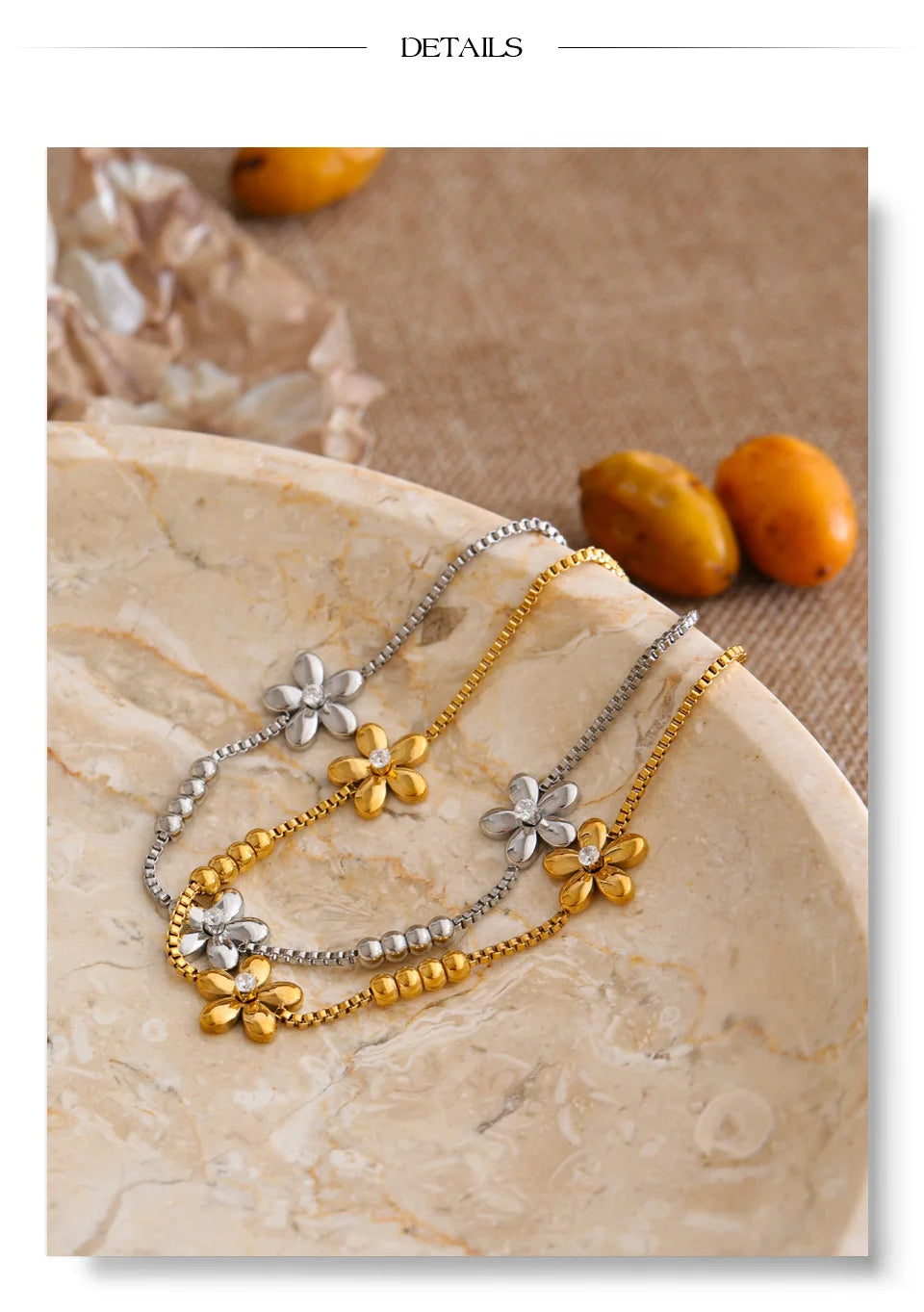 Cubic Zirconia Flower Geometric Bracelet — Gold-Plated Stainless Steel with Cubic Zirconia · PS1032