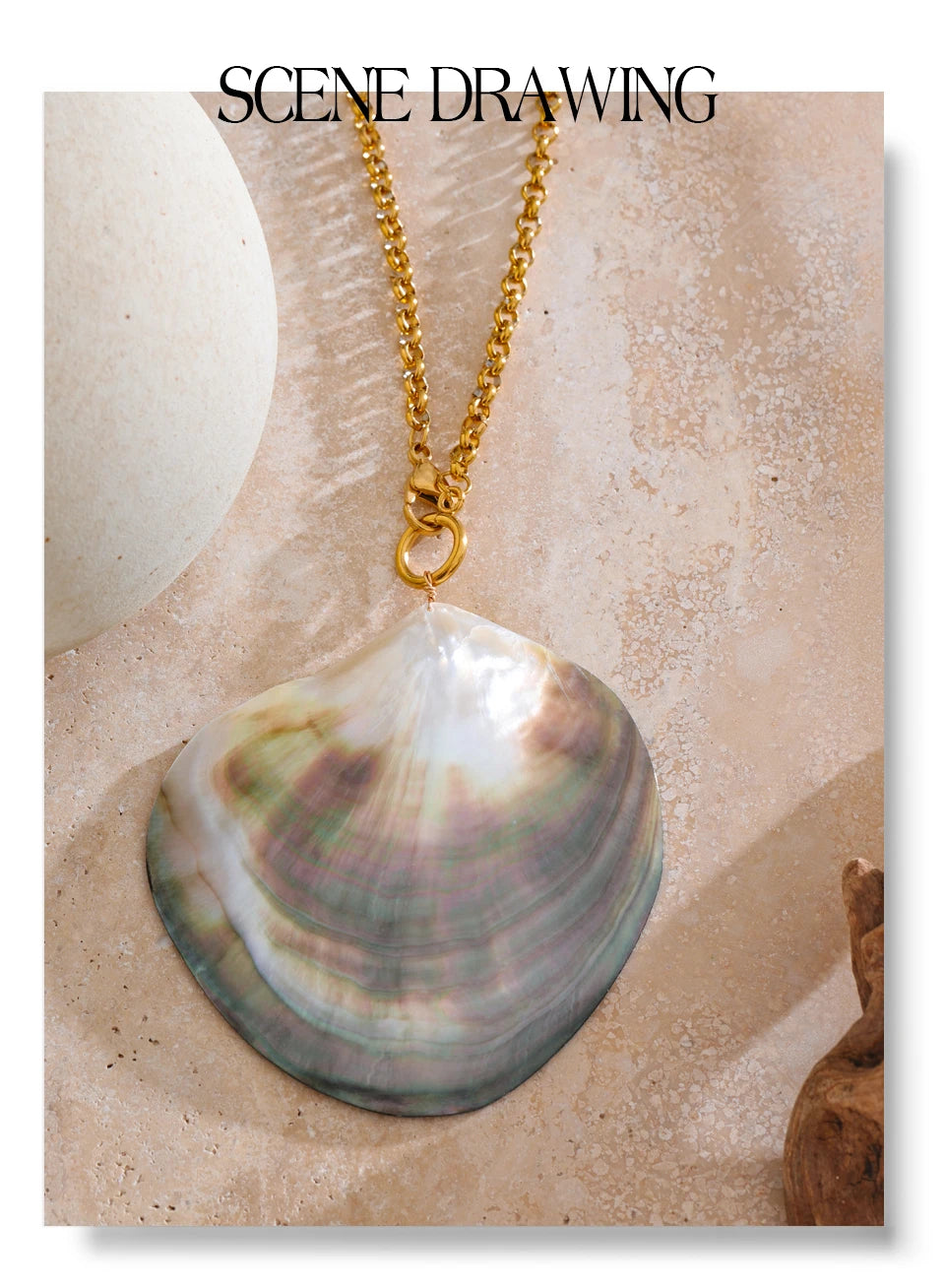 Pearl shell geometric necklace in gold-plated stainless steel with pearl and shell.