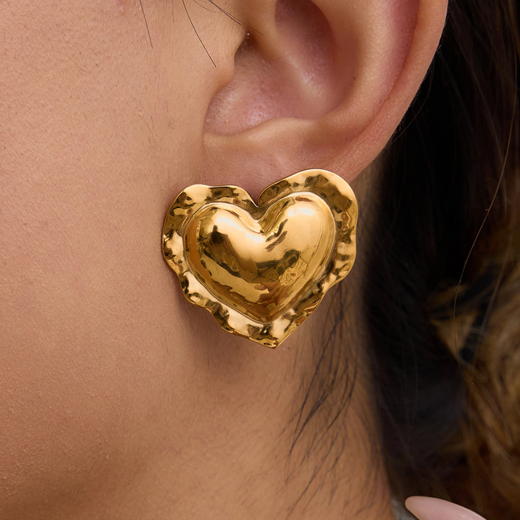 Two-Tone Puffy Heart Earrings — Stainless Steel · PS062