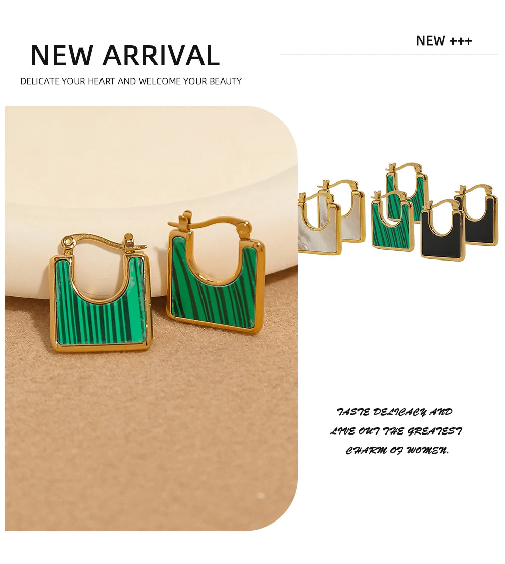 Hoop Earrings Vintage Square Natural Stone — 316L Stainless Steel · PS399