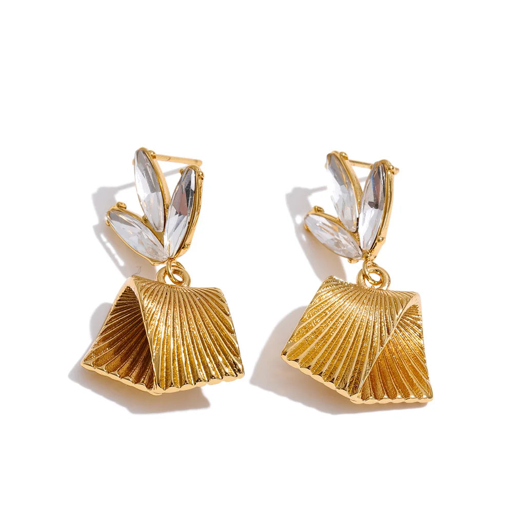 Cubic Zirconia Flower Geometric Earrings — Gold-Plated Stainless Steel with Cubic Zirconia · PS1209