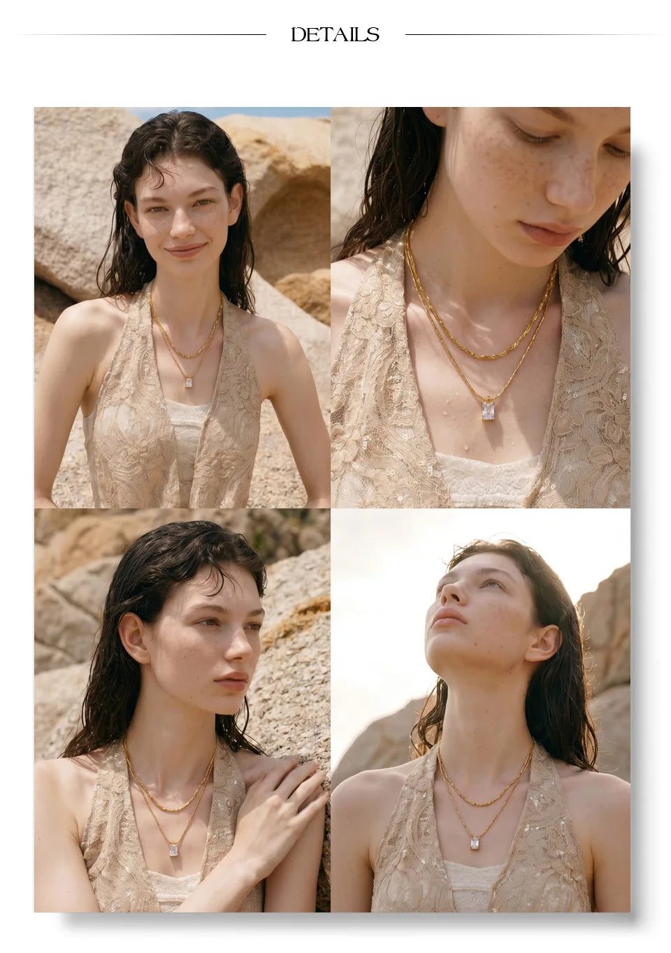Cubic zirconia geometric chain necklace in gold-plated stainless steel with cubic zirconia.