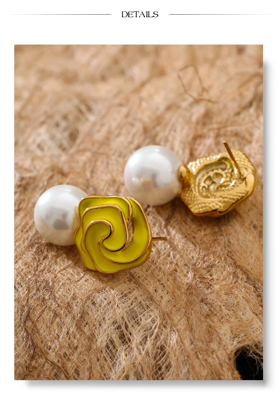 White pearl enamel earrings in gold-plated stainless steel with pearl and enamel.