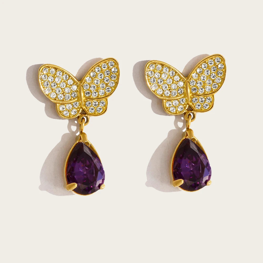 Purple Zircon Crystal Earrings — 316L Stainless Steel · PS481