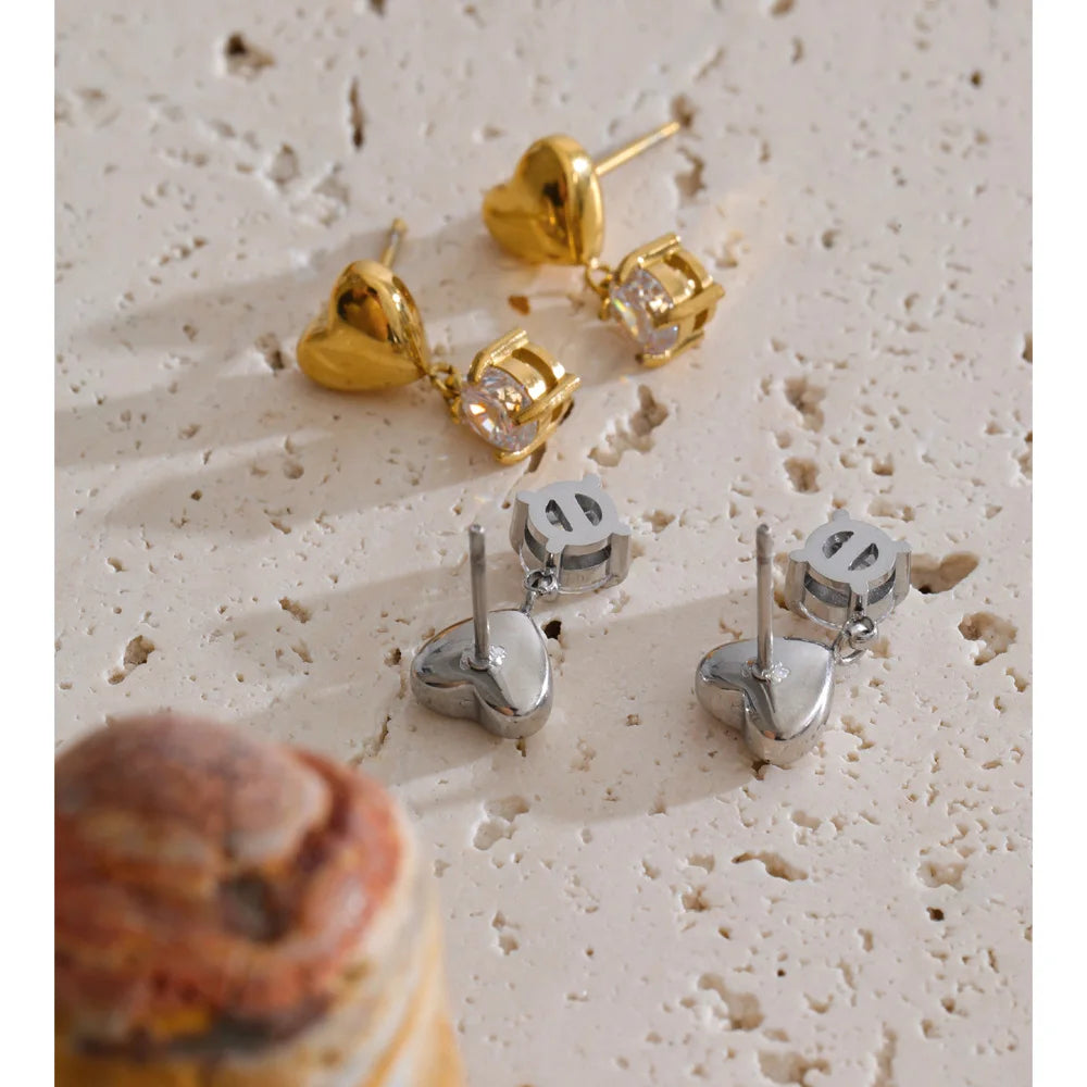Cubic Zirconia Heart Earrings — Gold-Plated Stainless Steel with Cubic Zirconia · PS1244