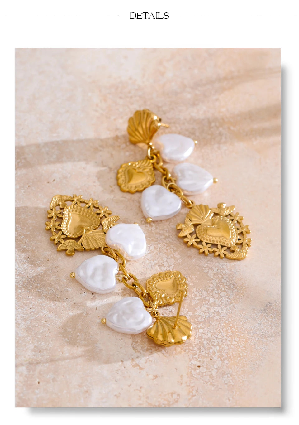 Pearl Heart Earrings — Gold-Plated Stainless Steel with Pearl · PS1587