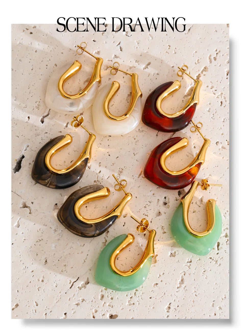 Resin multi-color geometric earrings in gold-plated stainless steel with resin.