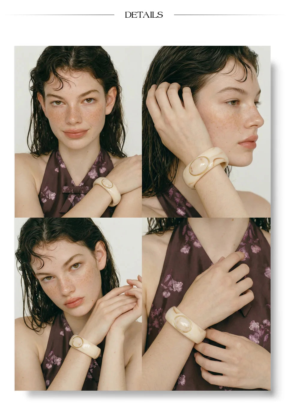 Resin acrylic geometric bracelet in gold-plated stainless steel with resin and acrylic.