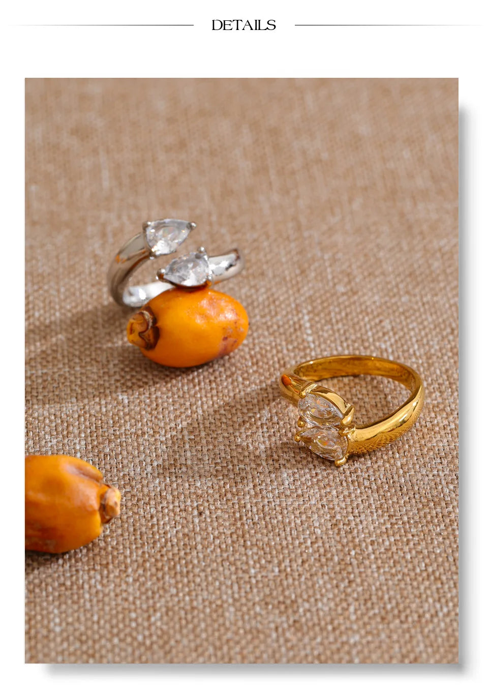 Cubic zirconia geometric ring in 18K gold-plated stainless steel with cubic zirconia.