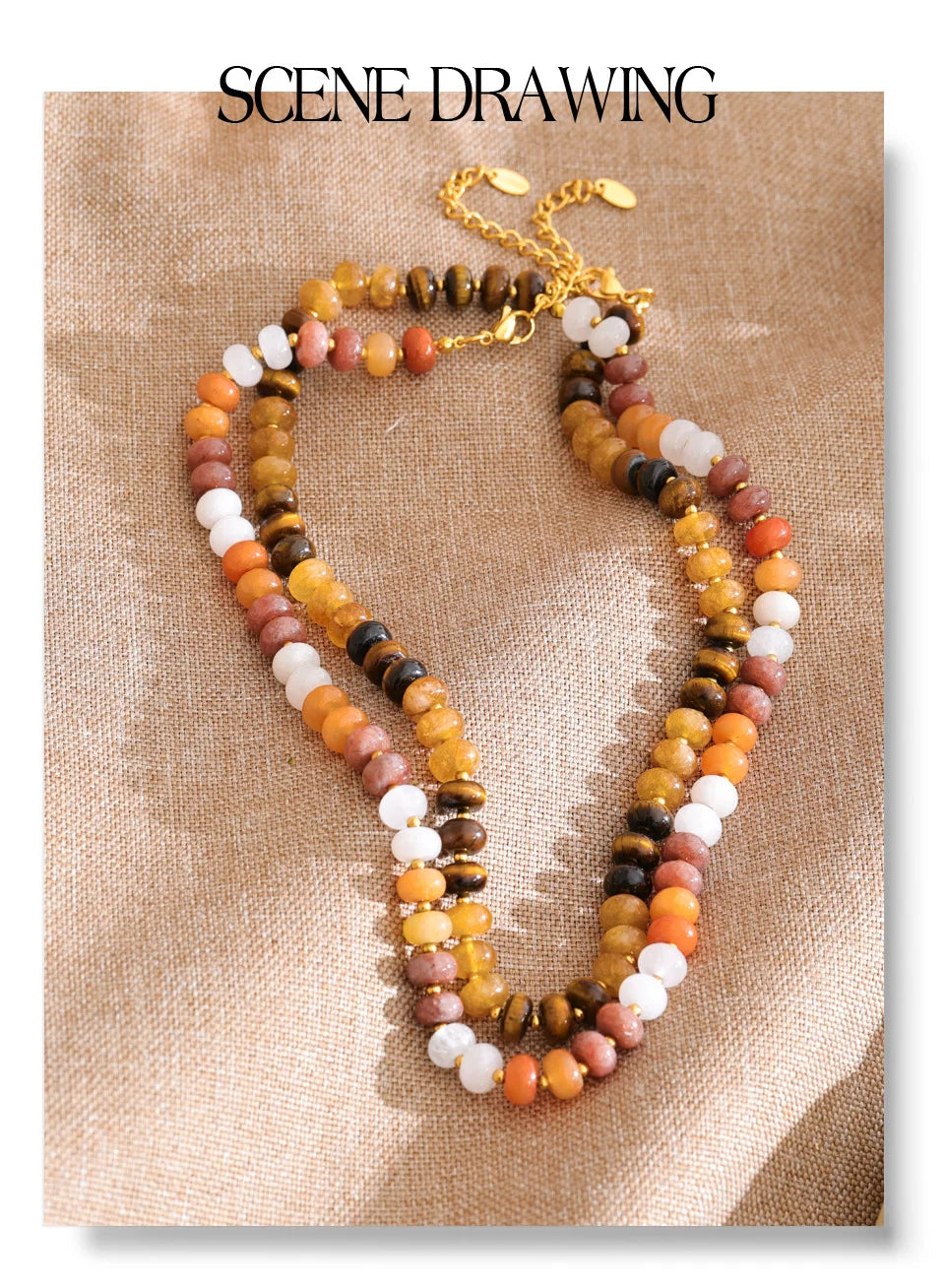 Natural stone beaded geometric necklace in gold-plated stainless steel with natural stone.