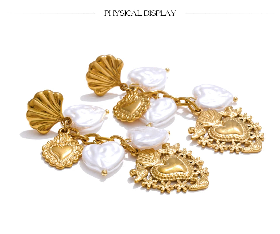 Pearl Heart Earrings — Gold-Plated Stainless Steel with Pearl · PS1587