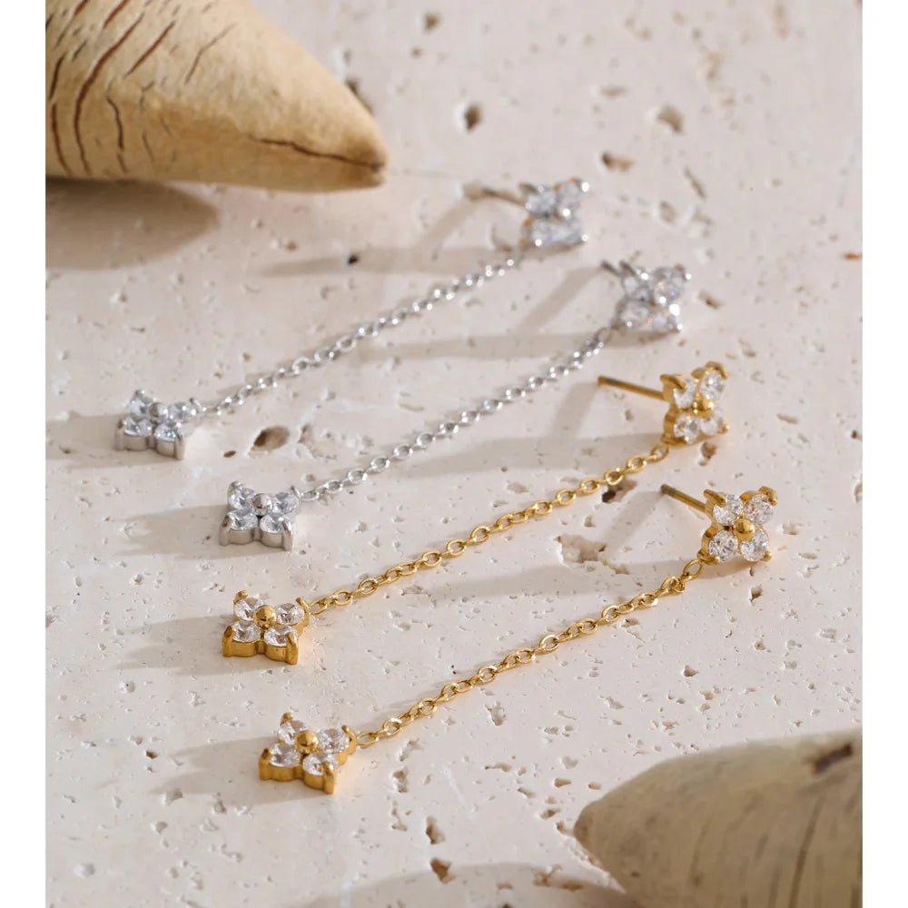 Cubic Zirconia Flower Chain Earrings — Gold-Plated Stainless Steel with Cubic Zirconia · PS1290