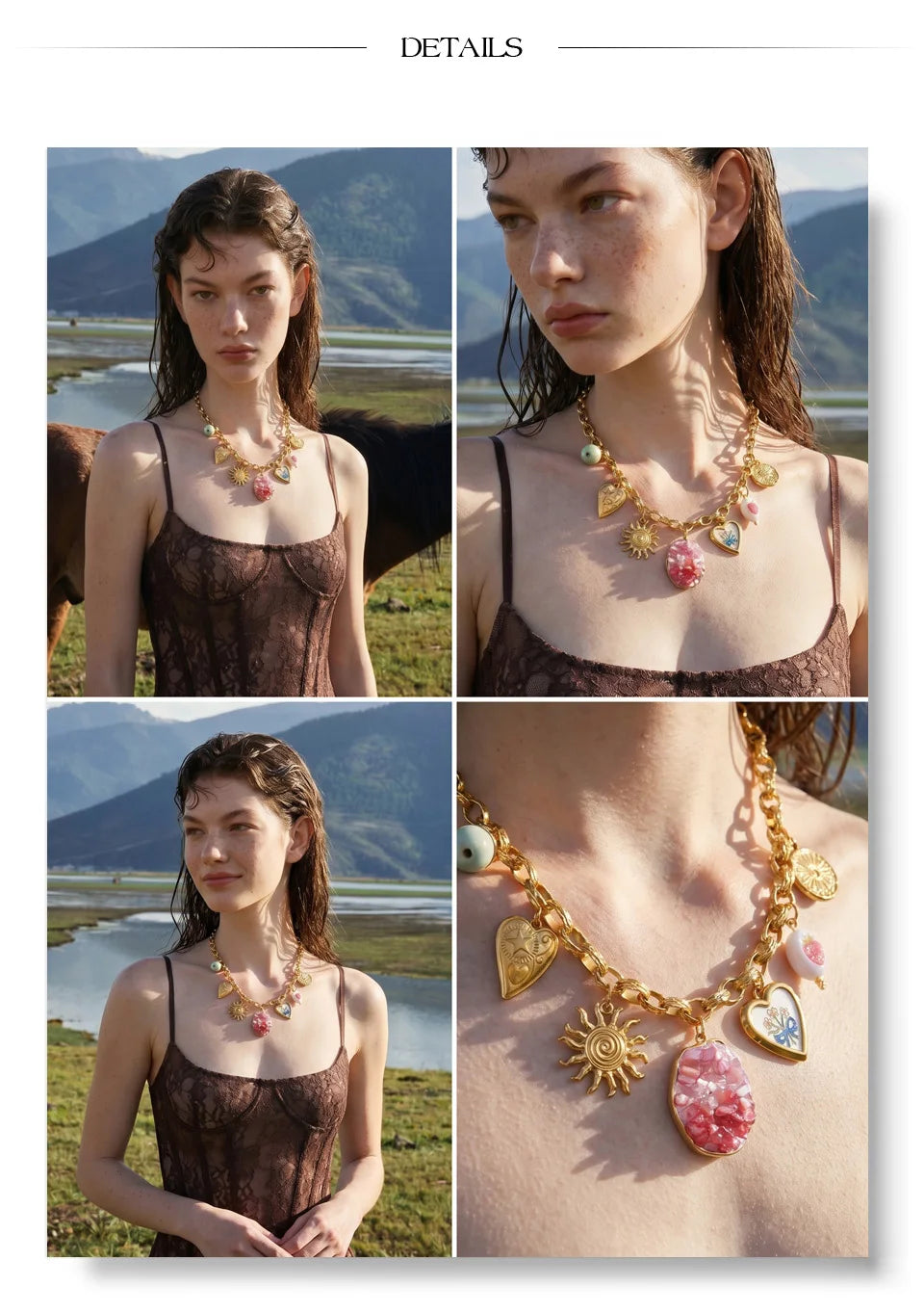 Shell resin heart necklace in gold-plated stainless steel with shell and resin.