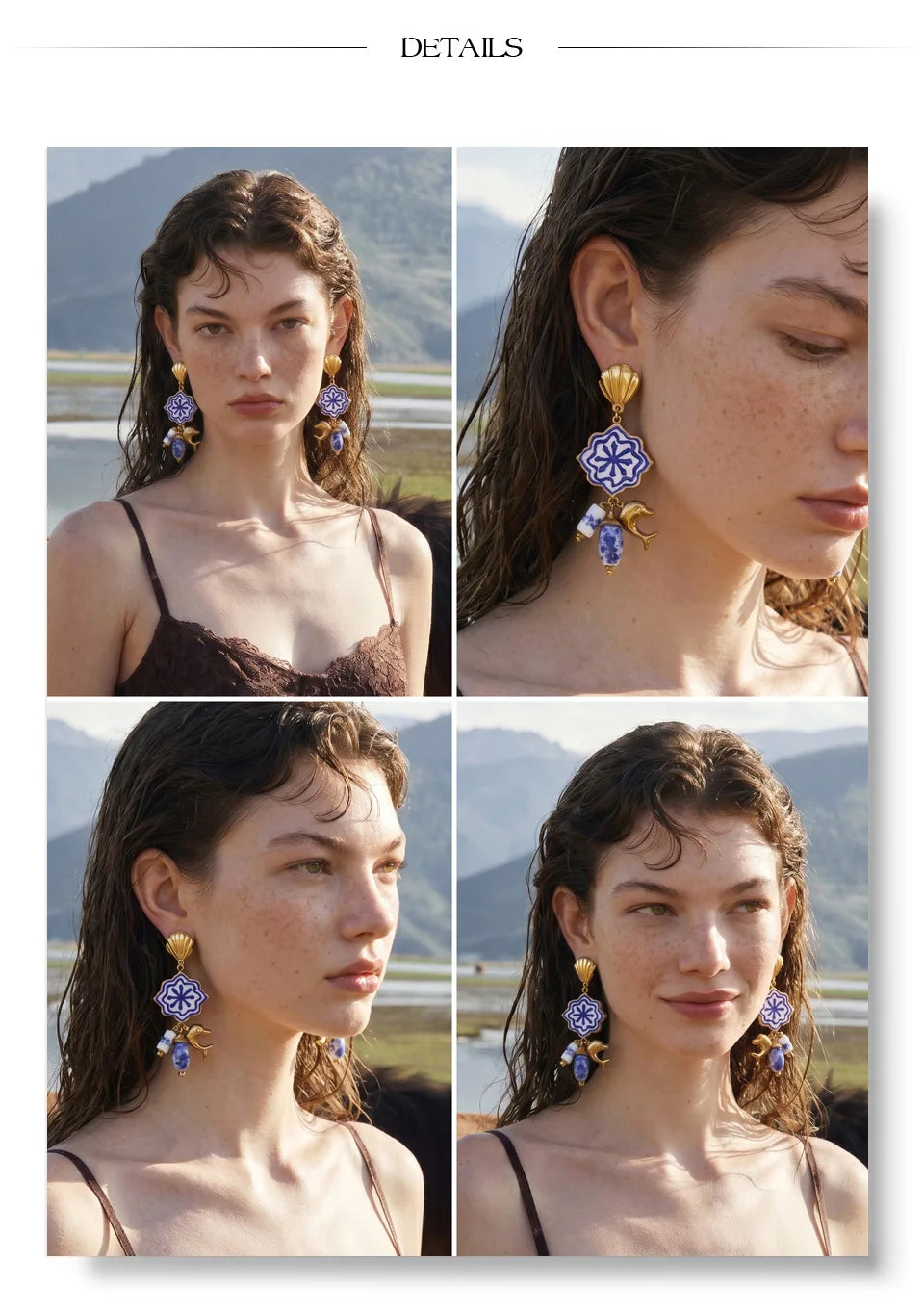 Blue shell enamel earrings in gold-plated stainless steel with shell and enamel.