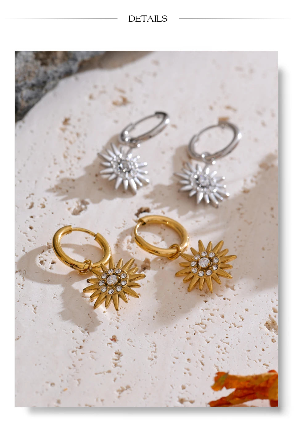 Cubic zirconia sun geometric earrings in gold-plated stainless steel with cubic zirconia.