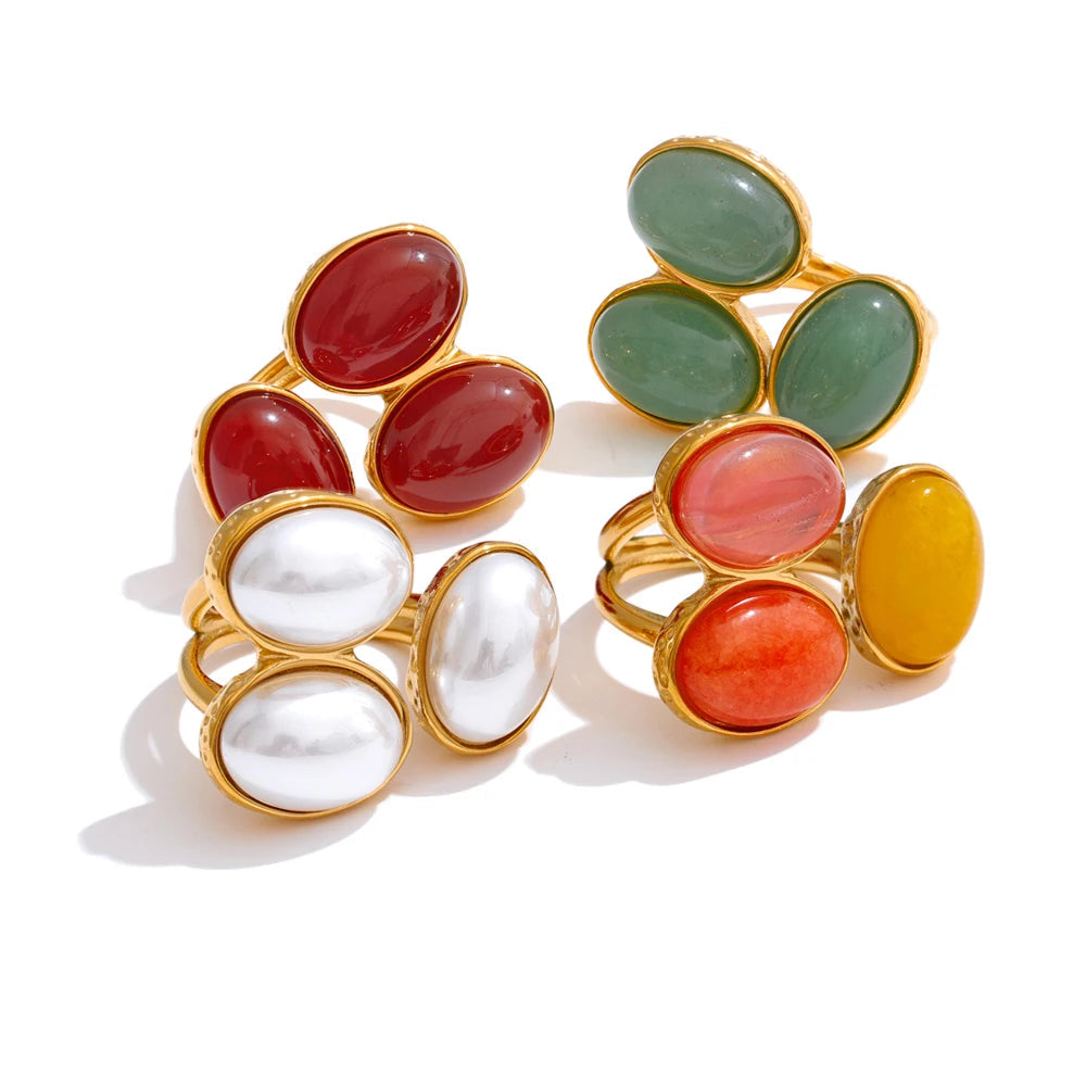 Gold-plated stainless steel ring with pearl and natural stone accents.