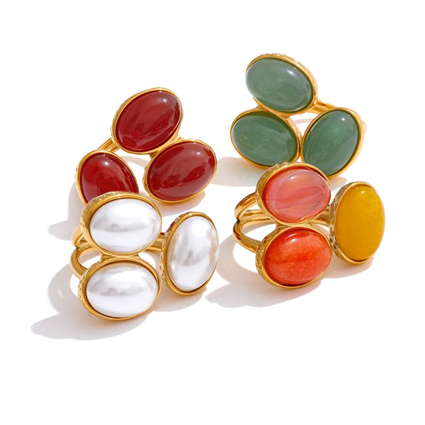 Gold-plated stainless steel ring with pearl and natural stone accents.