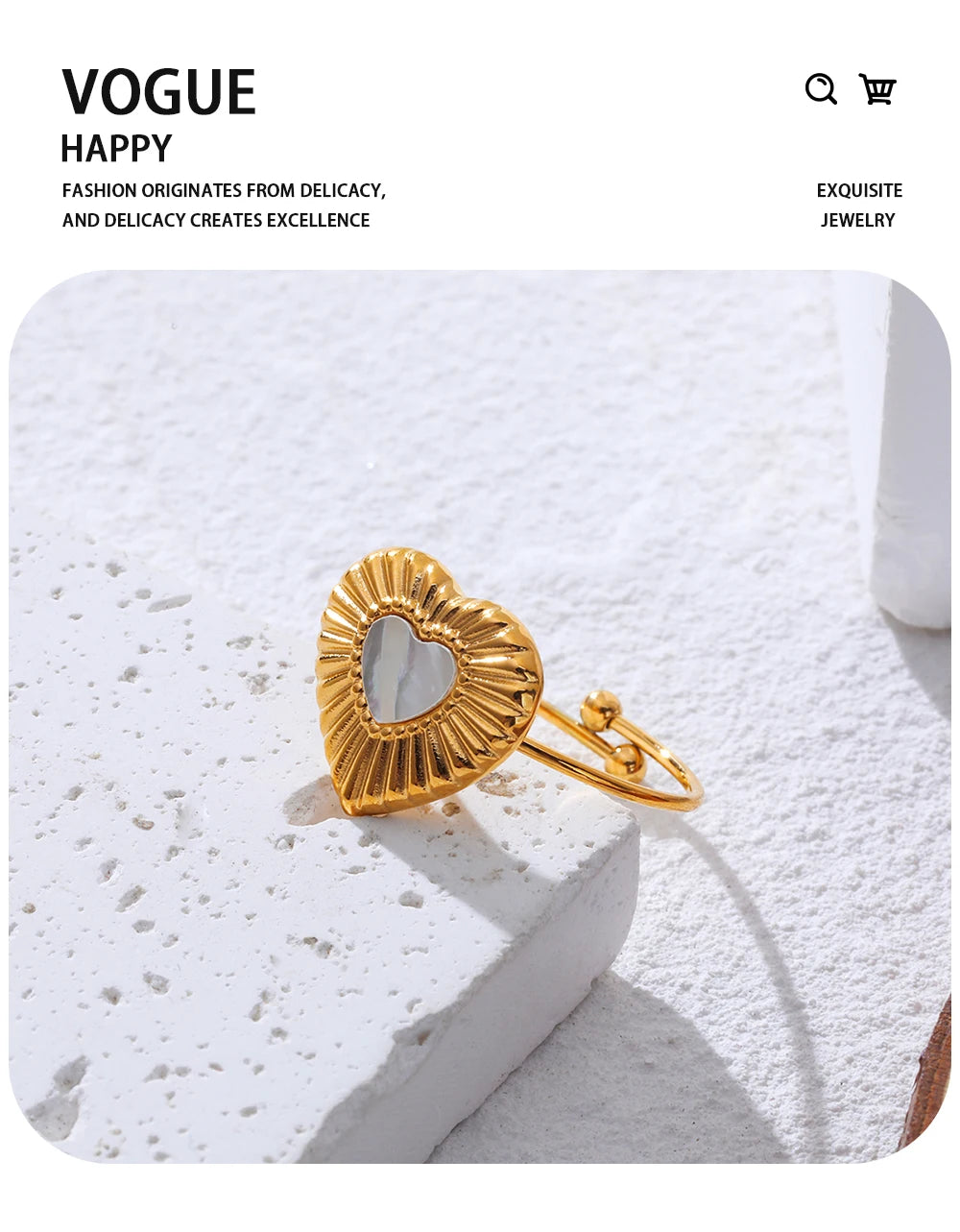 Heart Natural White Shell Vintage Adjustable Ring — 316L Stainless Steel · PS446