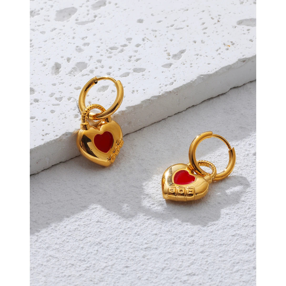 Hoop Earrings Red Enamel Heart — 316L Stainless Steel · PS384