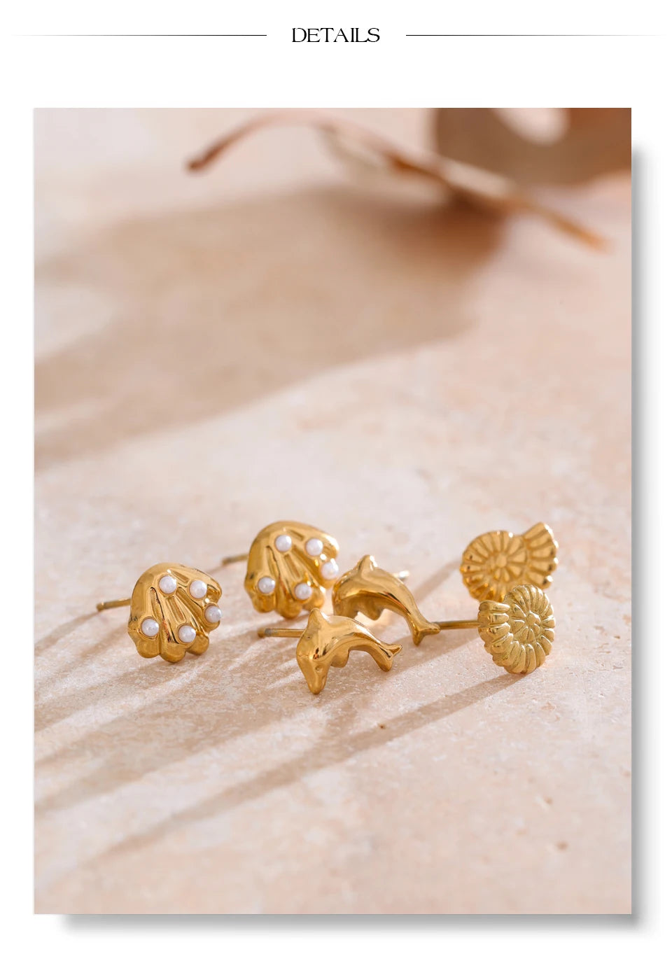 Pearl shell geometric earrings in gold-plated stainless steel with pearl and shell.
