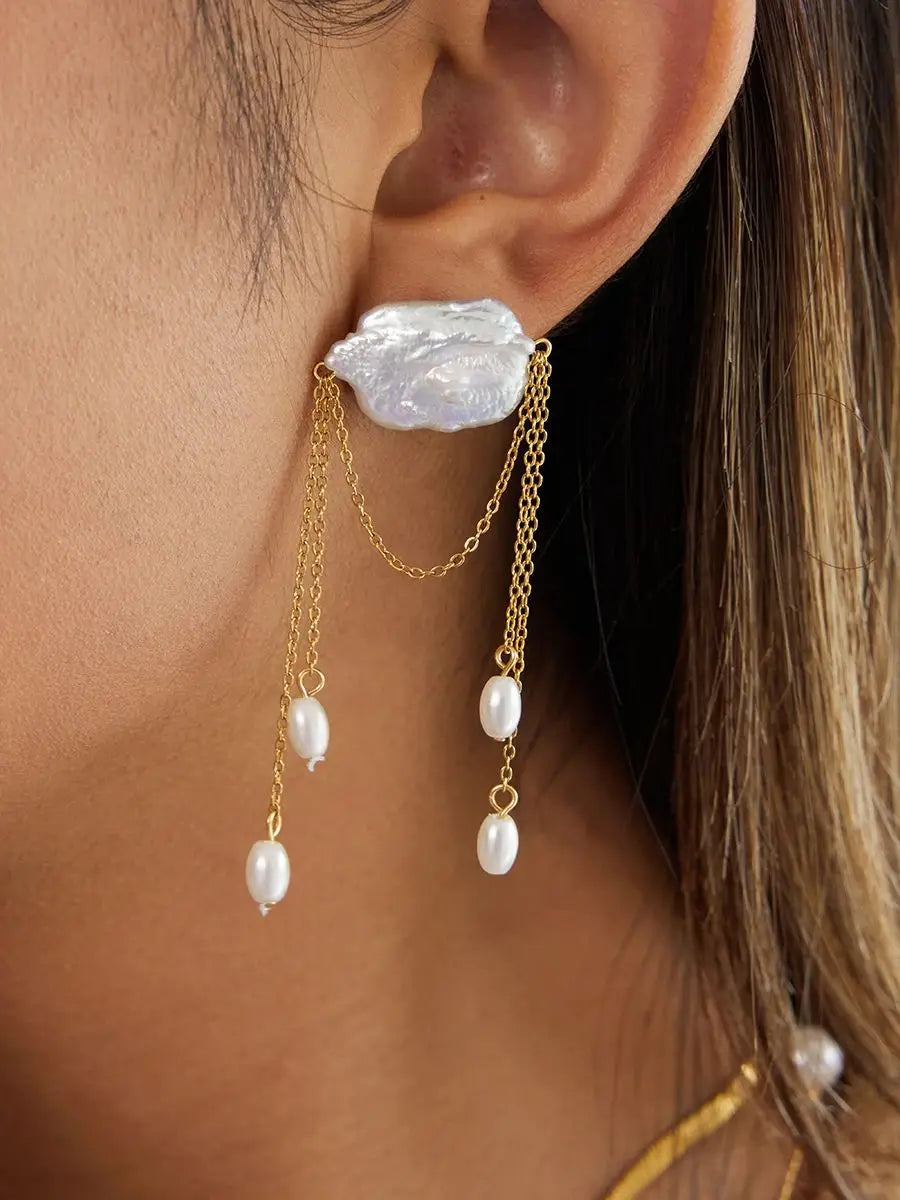 Pearl Chain Tassel Earrings — Stainless Steel · PS083