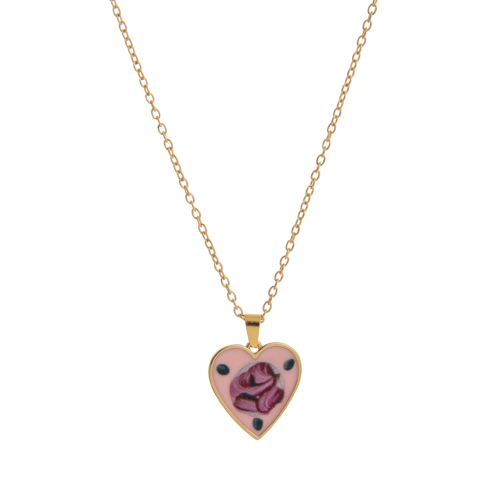Retro printed oval heart-shaped necklace, women's colorful bohemian style jewelry, gold-plated
