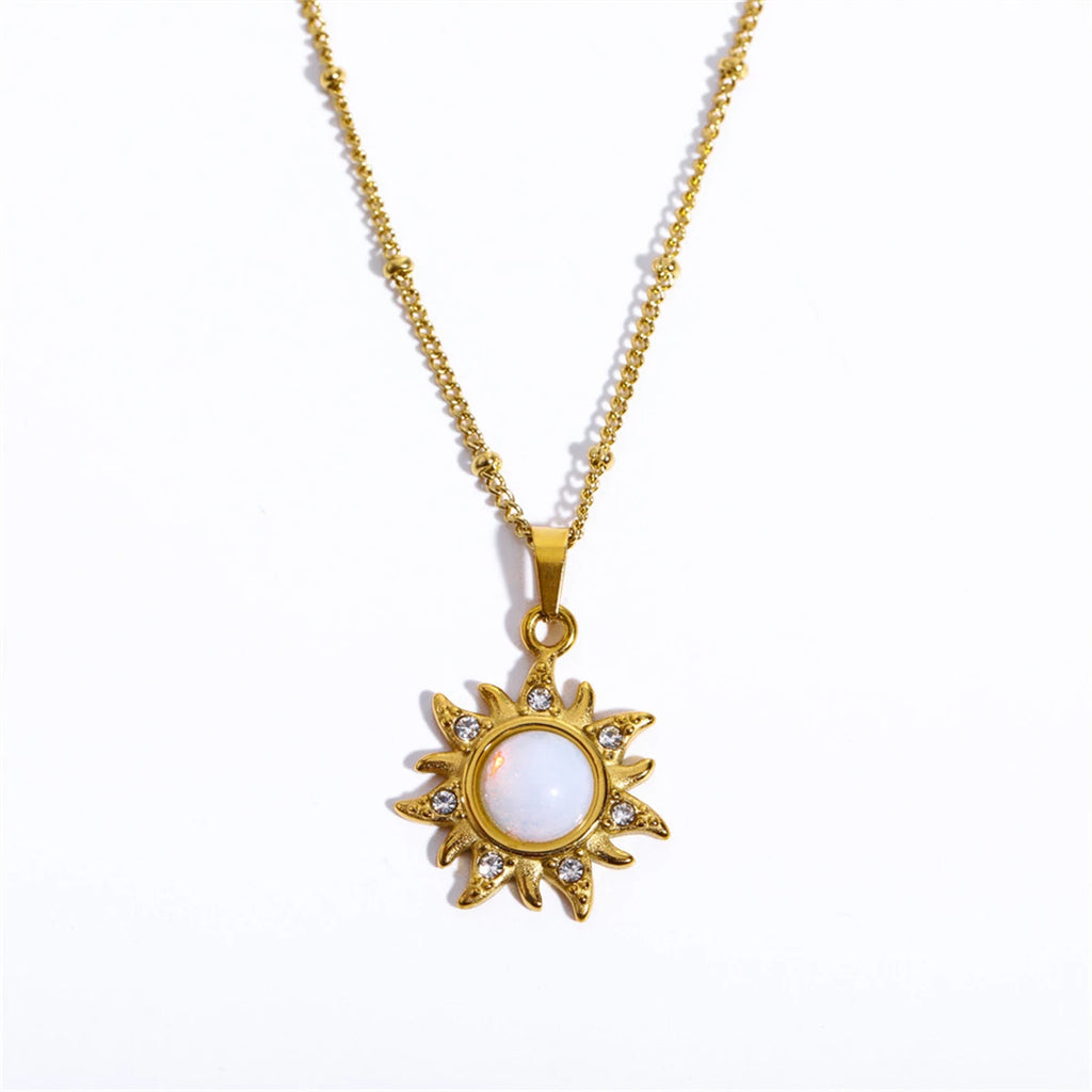 Natural Opal Abstract Sun Pendant Necklace Art Retro Collar Chain Stainless Steel Electroplated True Gold Color Protection