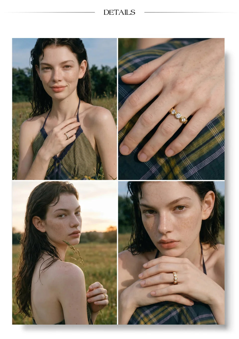 Cubic zirconia geometric ring in 18K gold-plated stainless steel with cubic zirconia.