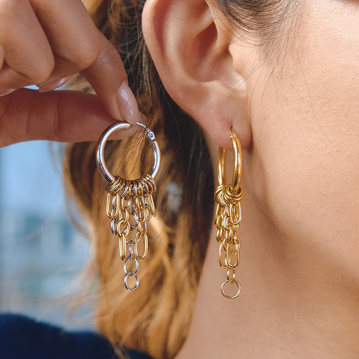Chain Tassel Hoop Earrings — Stainless Steel · PS106