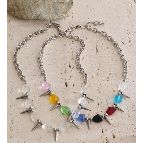 Acrylic Natural Stone Multi-Color Necklace — Gold-Plated Stainless Steel with Natural Stone and Acrylic · PS1371