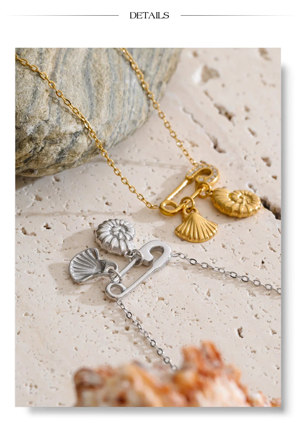 Cubic zirconia shell geometric necklace in gold-plated stainless steel with cubic zirconia and shell.
