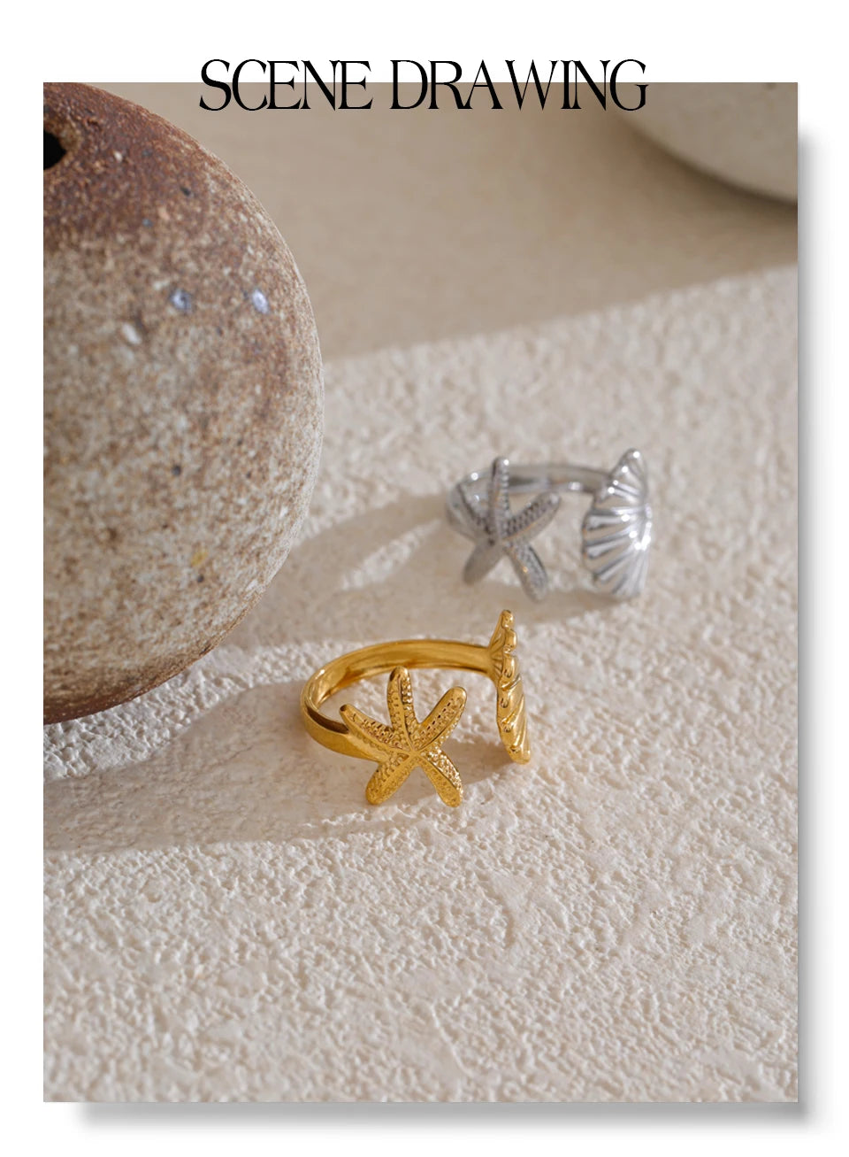 Shell star geometric ring in gold-plated stainless steel with shell.