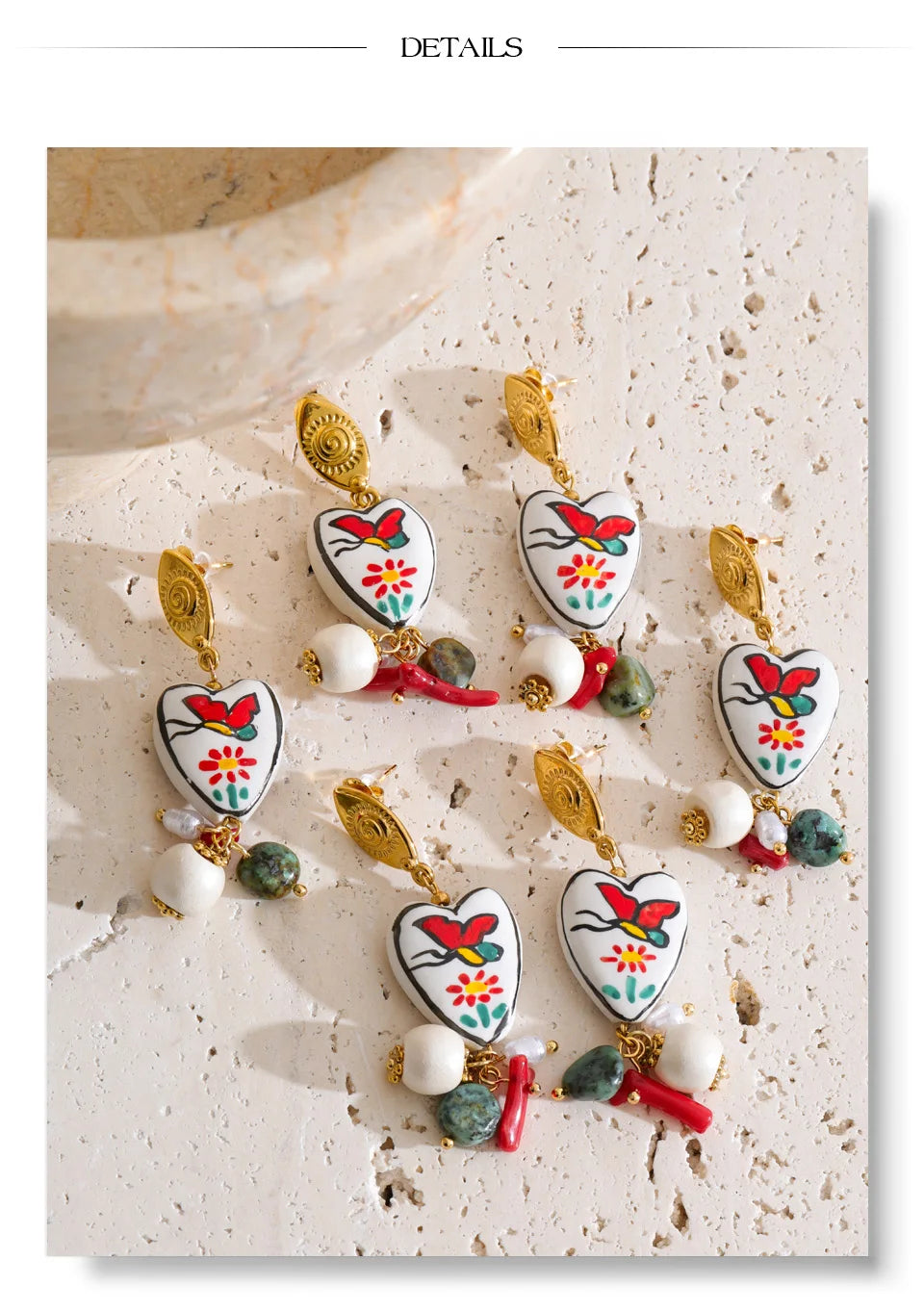 Pearl natural stone heart earrings in gold-plated stainless steel with pearl and natural stone.