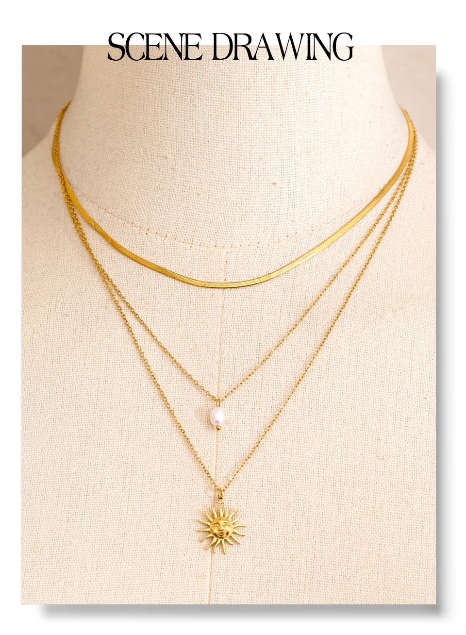 Freshwater pearl sun geometric necklace in gold-plated stainless steel with freshwater pearl.