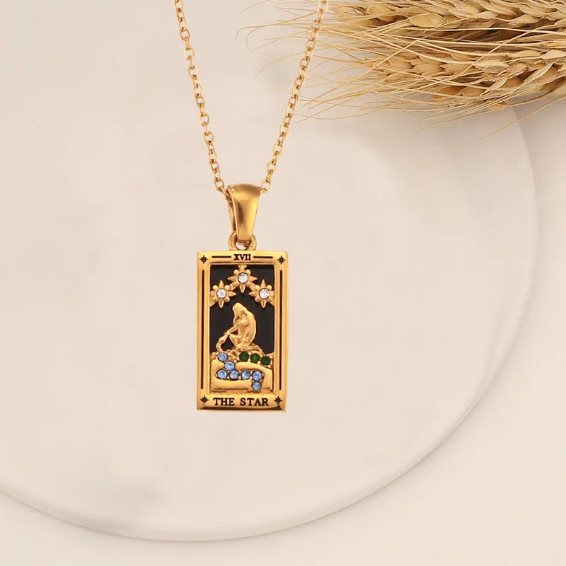 Zirconia Tarot Card Necklace Classic Tarot Queen Lover Magician Moon Wealth Amulet Stainless Steel Jewelry