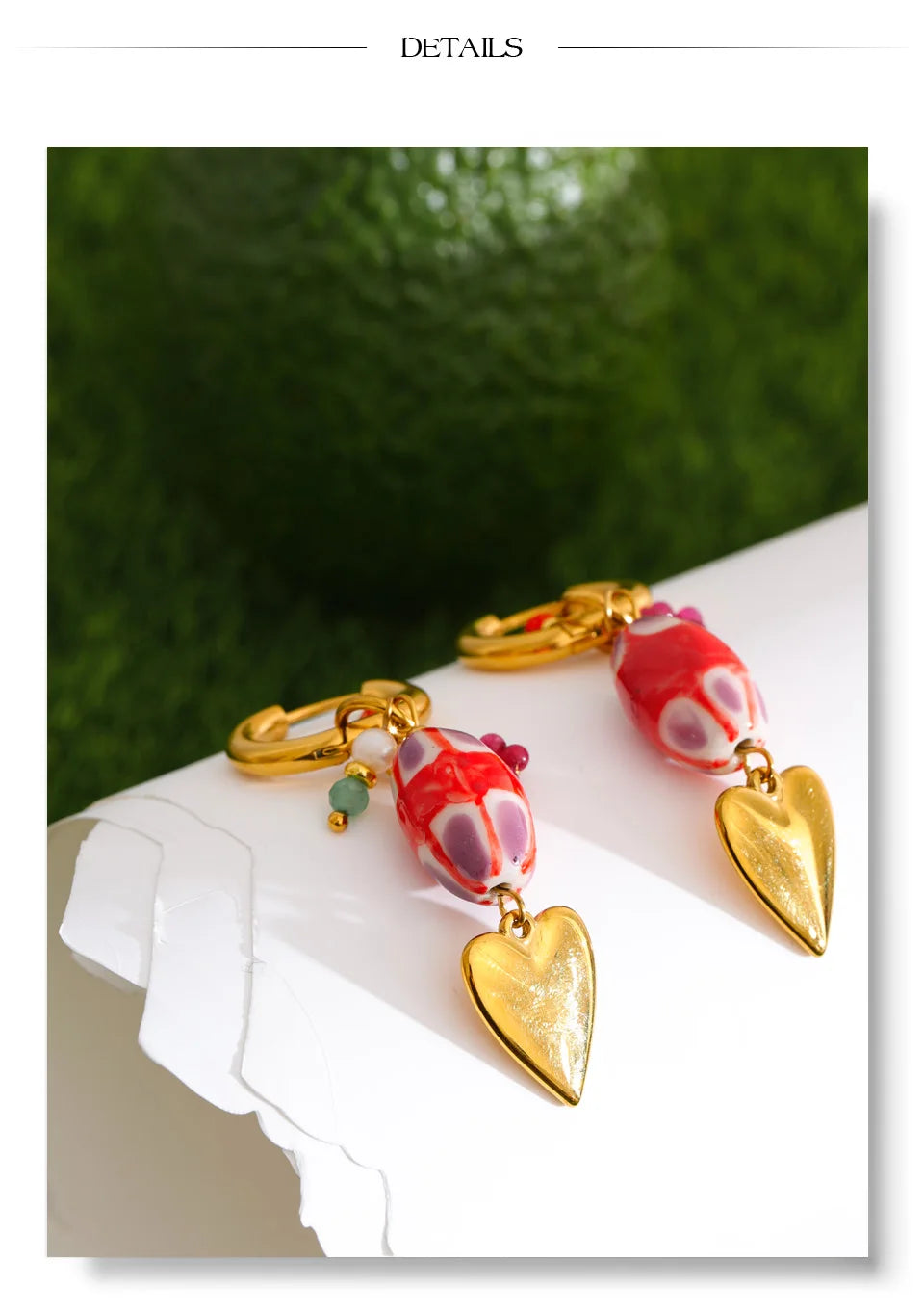 Red heart earrings in gold-plated stainless steel.