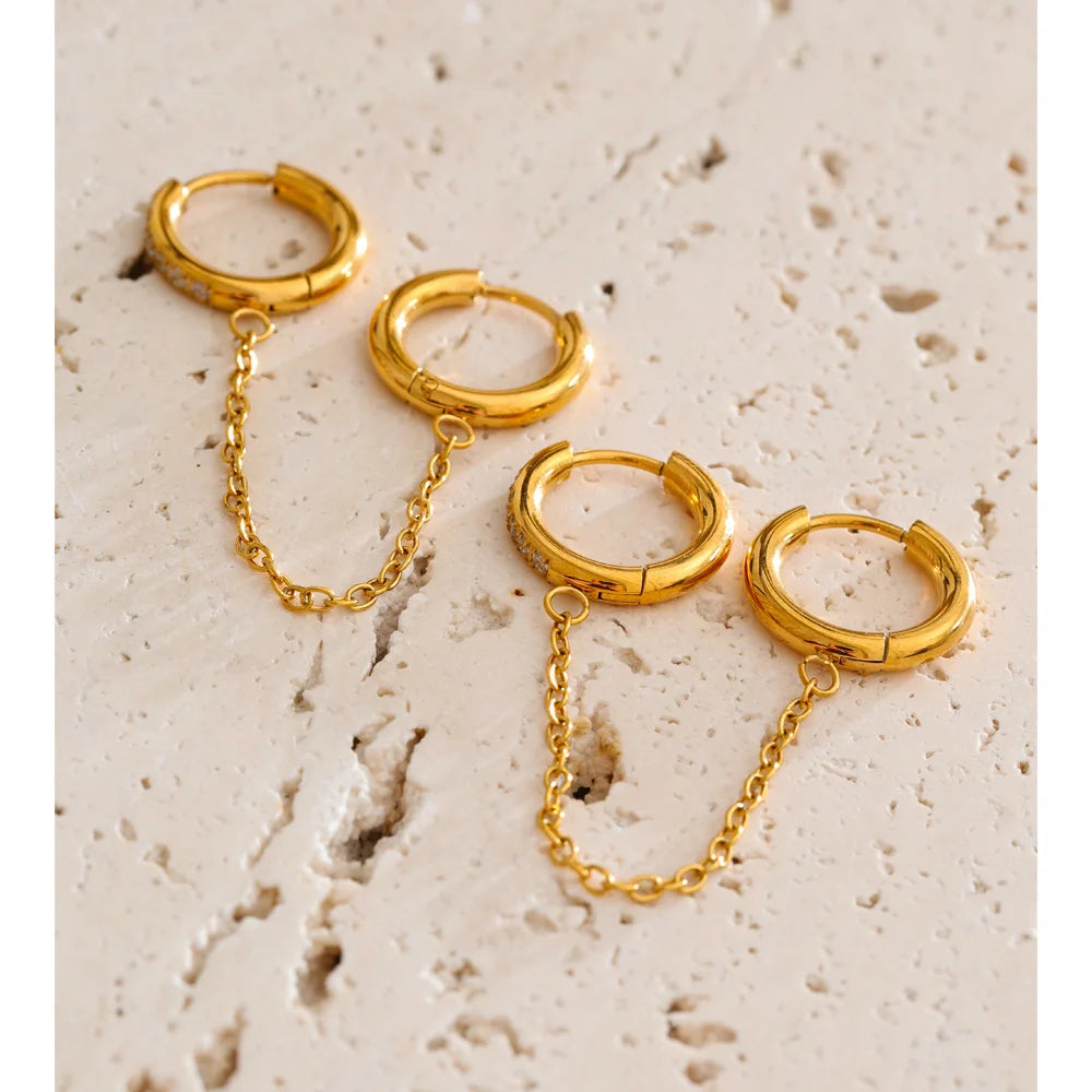 Cubic Zirconia Geometric Chain Earrings — Gold-Plated Stainless Steel with Cubic Zirconia · PS1462