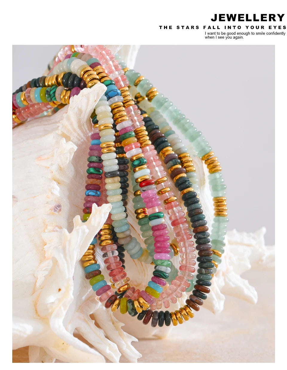 Natural stone beaded multi-color necklace in gold-plated stainless steel with natural stone.