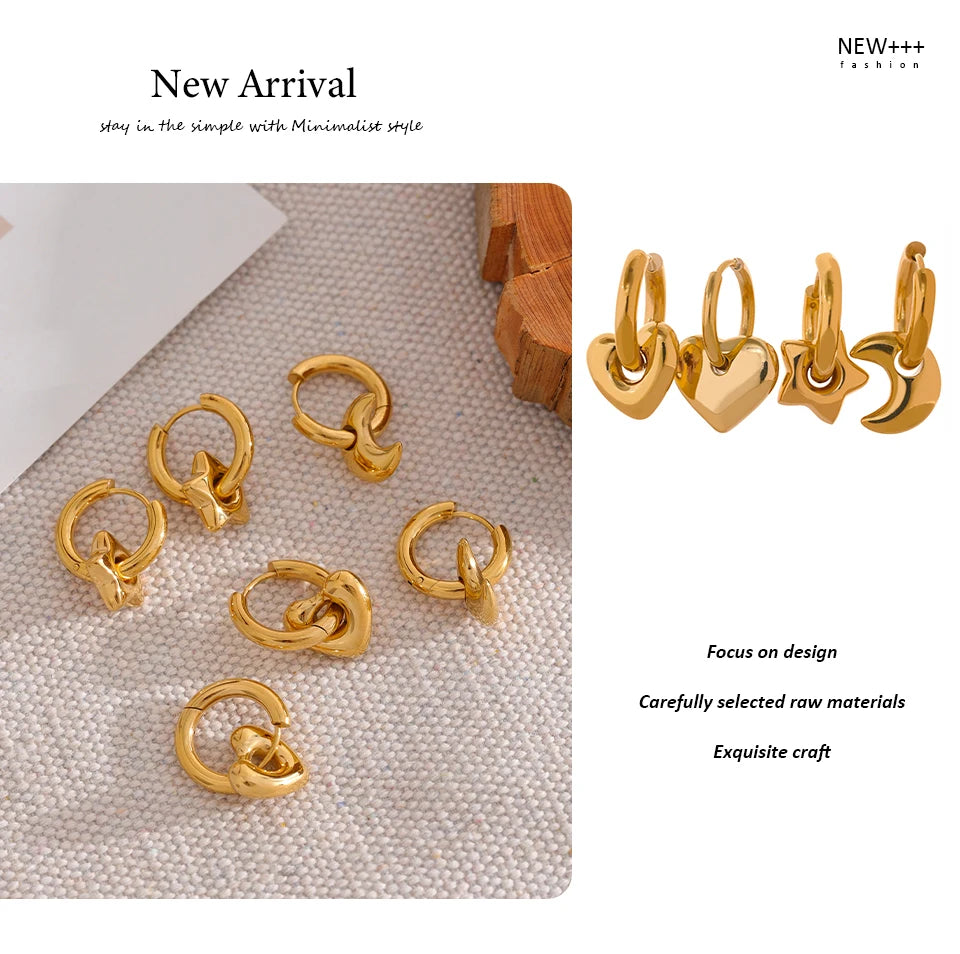 Heart star moon earrings in gold-plated stainless steel.