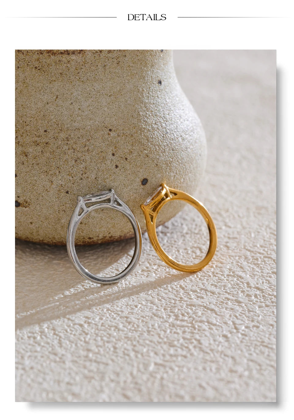 Cubic zirconia geometric ring in 18K gold-plated stainless steel with cubic zirconia.